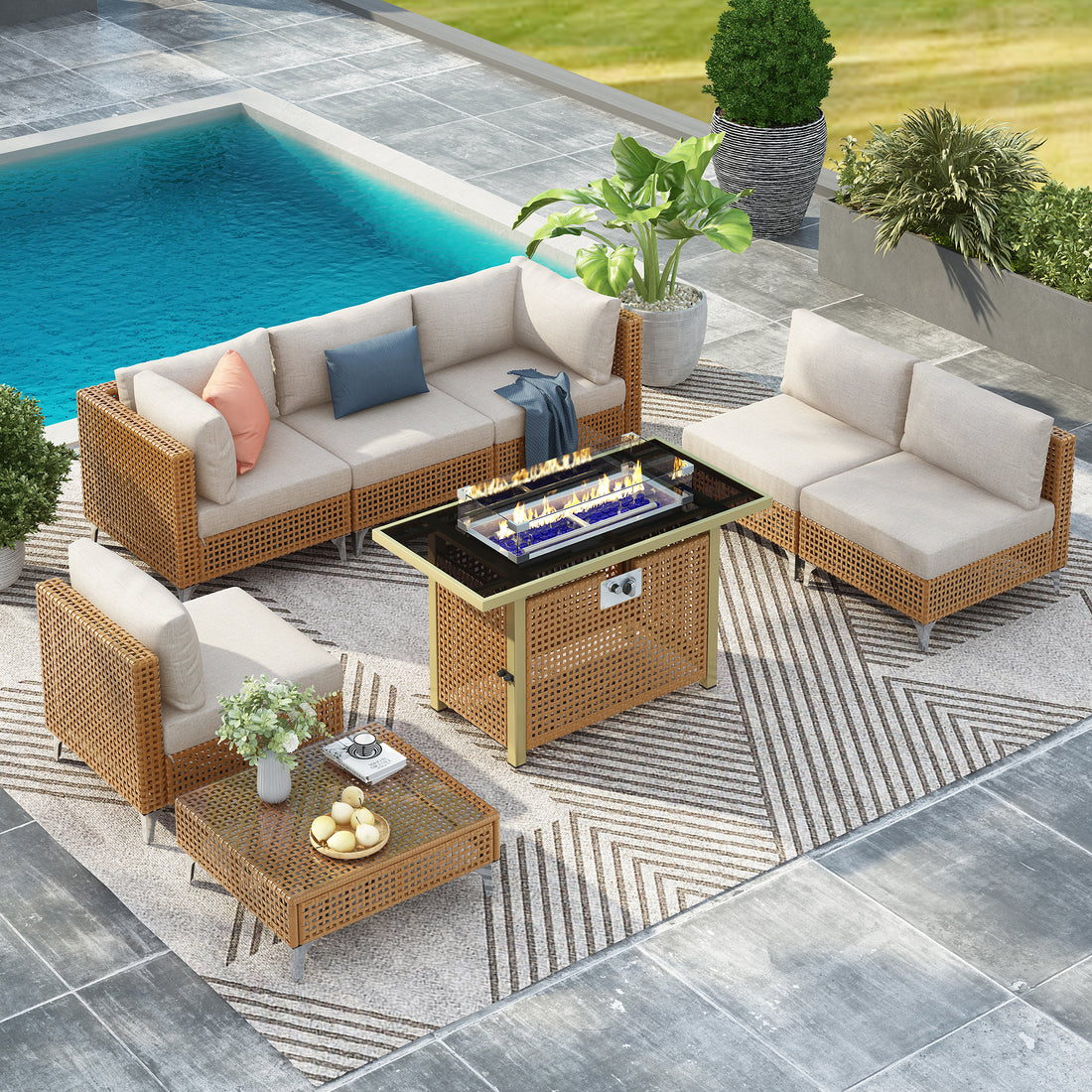 Outluma 8-Piece Patio Conversation Set with Fire Pit Table - Beige