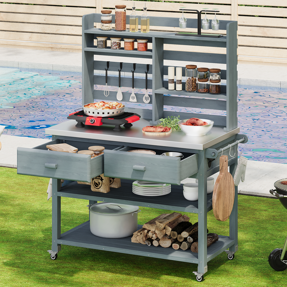 Outluma Rolling Potting Bench with Hutch - Grey Blue