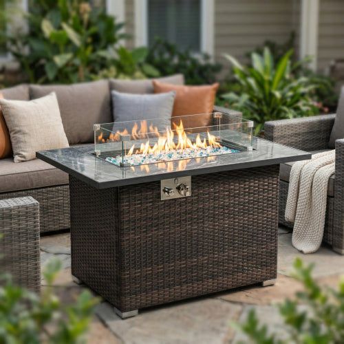 44-Inch Rectangular Propane Fire Pit Table with Marble-Look Top - Outluma