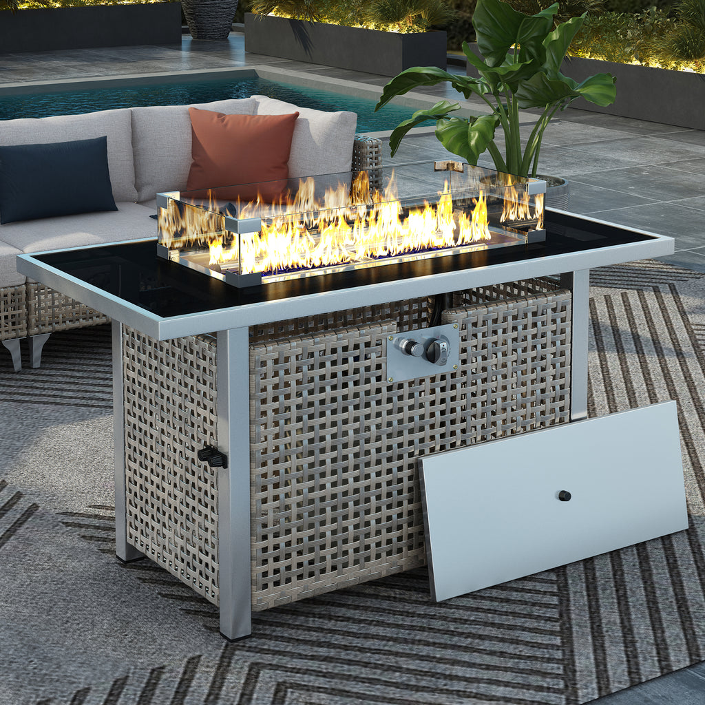43-inch rectangular wicker propane fire pit table with glass wind guard