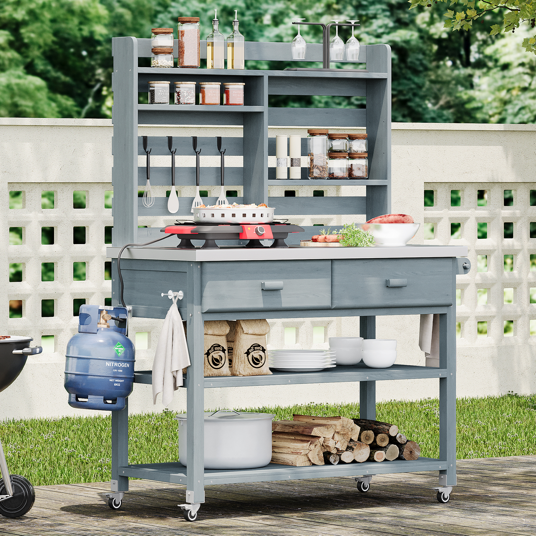 Outluma Rolling Potting Bench with Hutch - Grey Blue