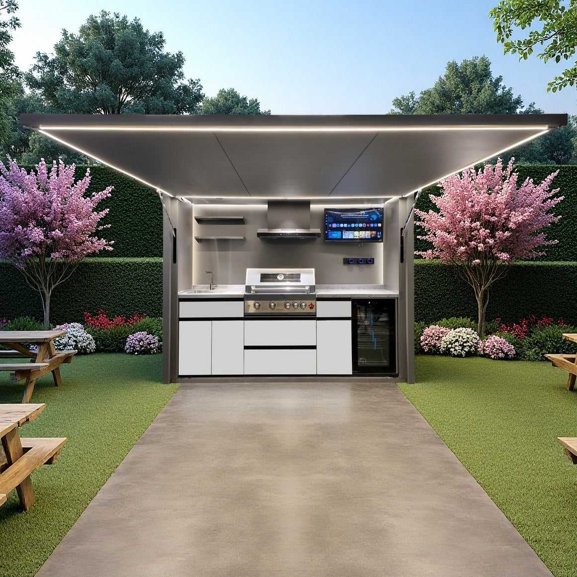 Smart BBQ Pod A-Plus — Outdoor Kitchen with TV and Hydraulic Roof