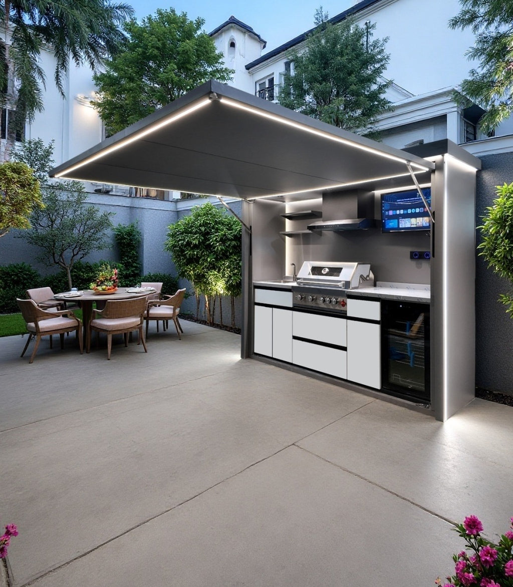 Smart BBQ Pod A-Plus — Outdoor Kitchen with TV and Hydraulic Roof