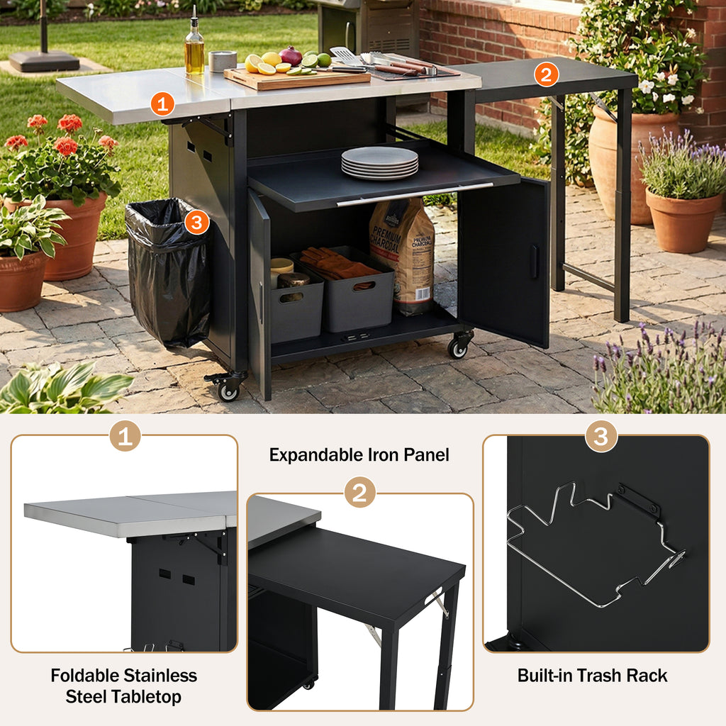 Foldable BBQ Cart with Trash Rack detail