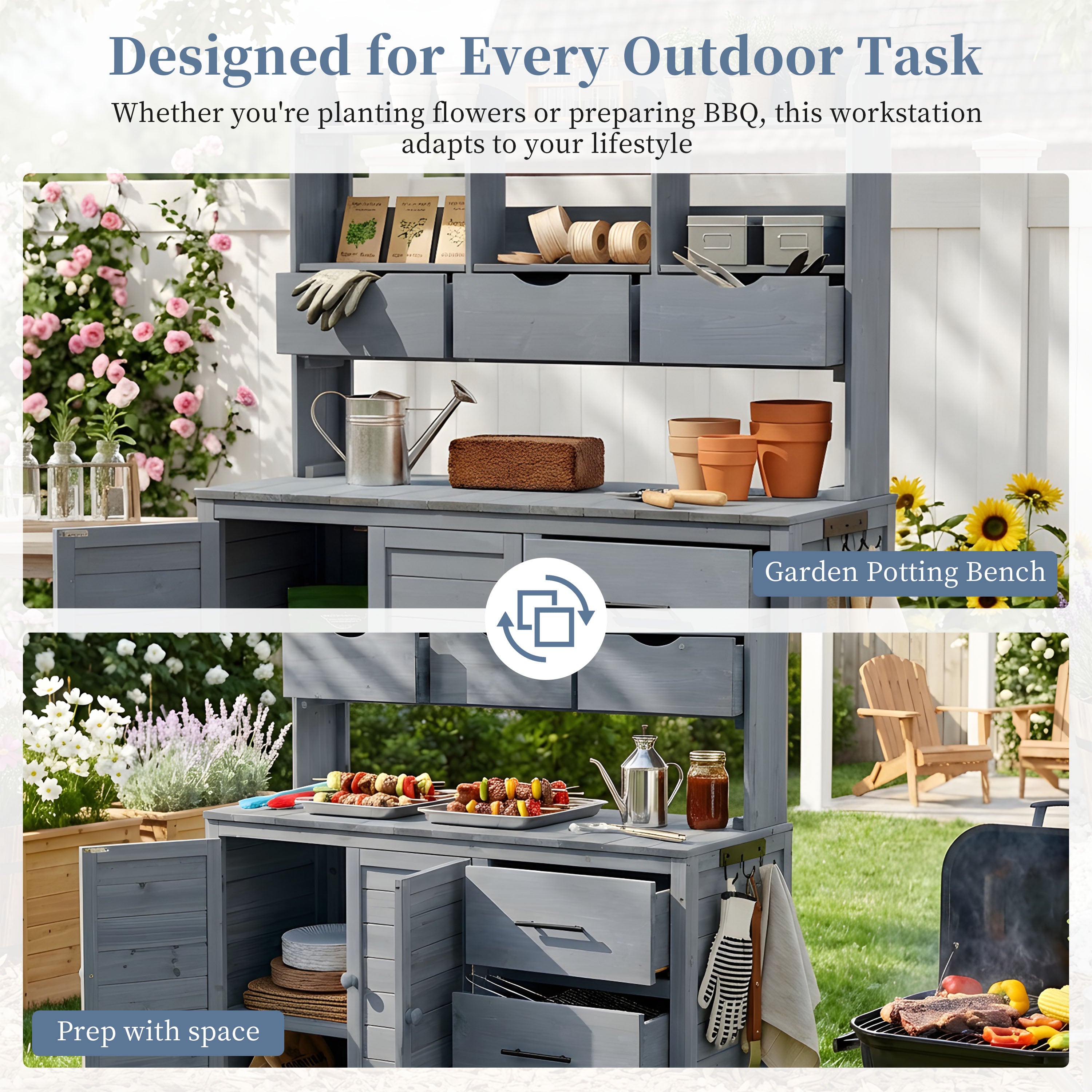 Farmhouse Potting Bench 6-Drawer - Gray detail