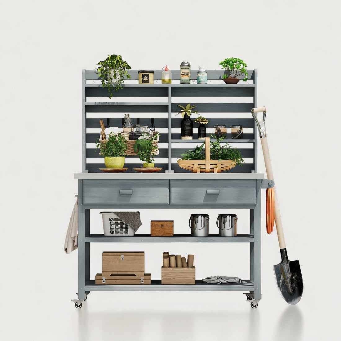 Outluma Rolling Potting Bench with Hutch - Grey Blue