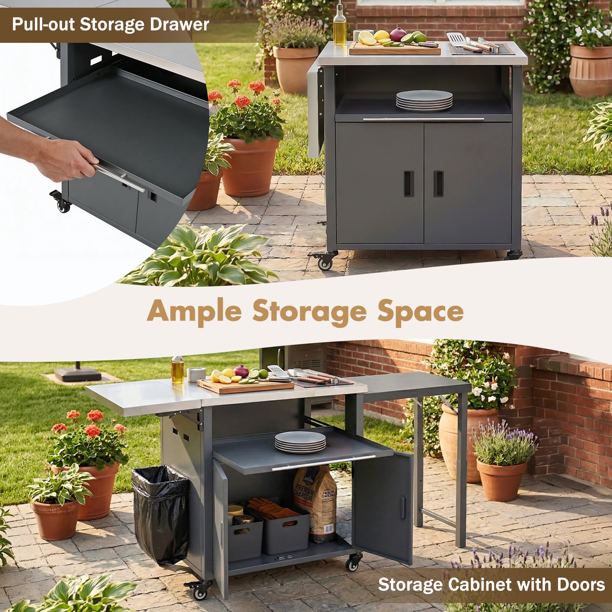 Foldable BBQ Cart with Trash Rack - Gray