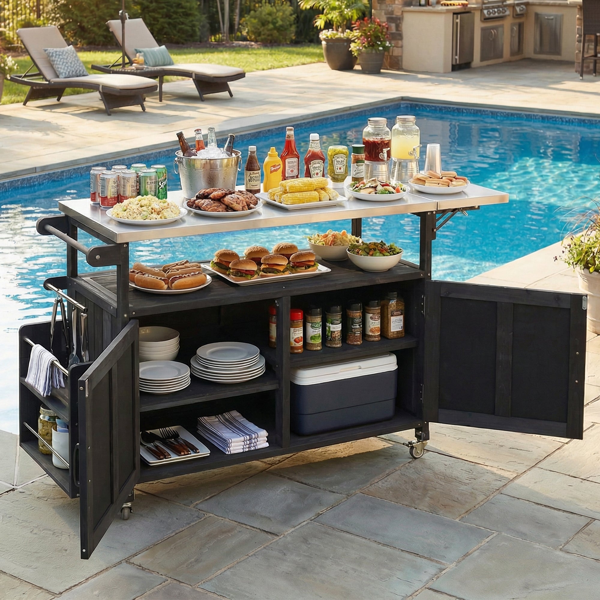 Foldable Cooking Island with Sink - Black