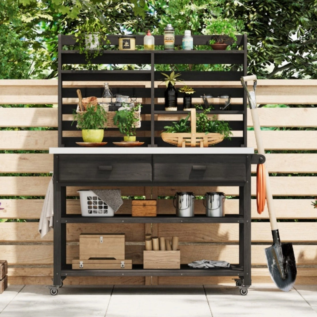 Outluma Rolling Potting Bench with Hutch - Black