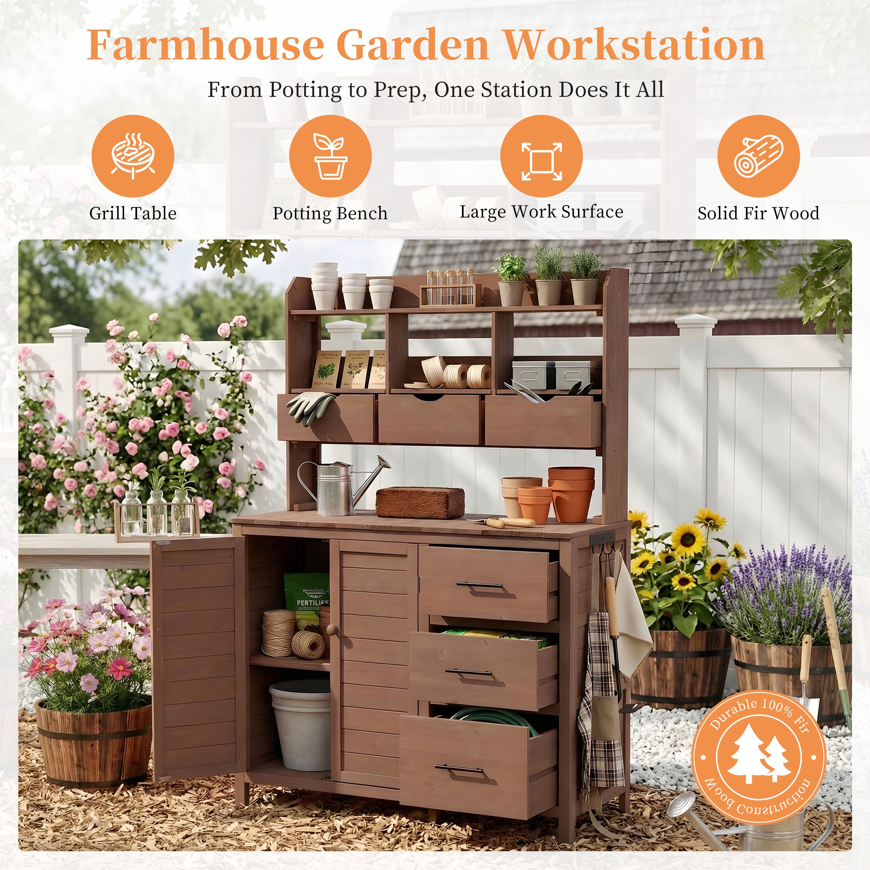 Farmhouse Potting Bench 6-Drawer - Brown detail