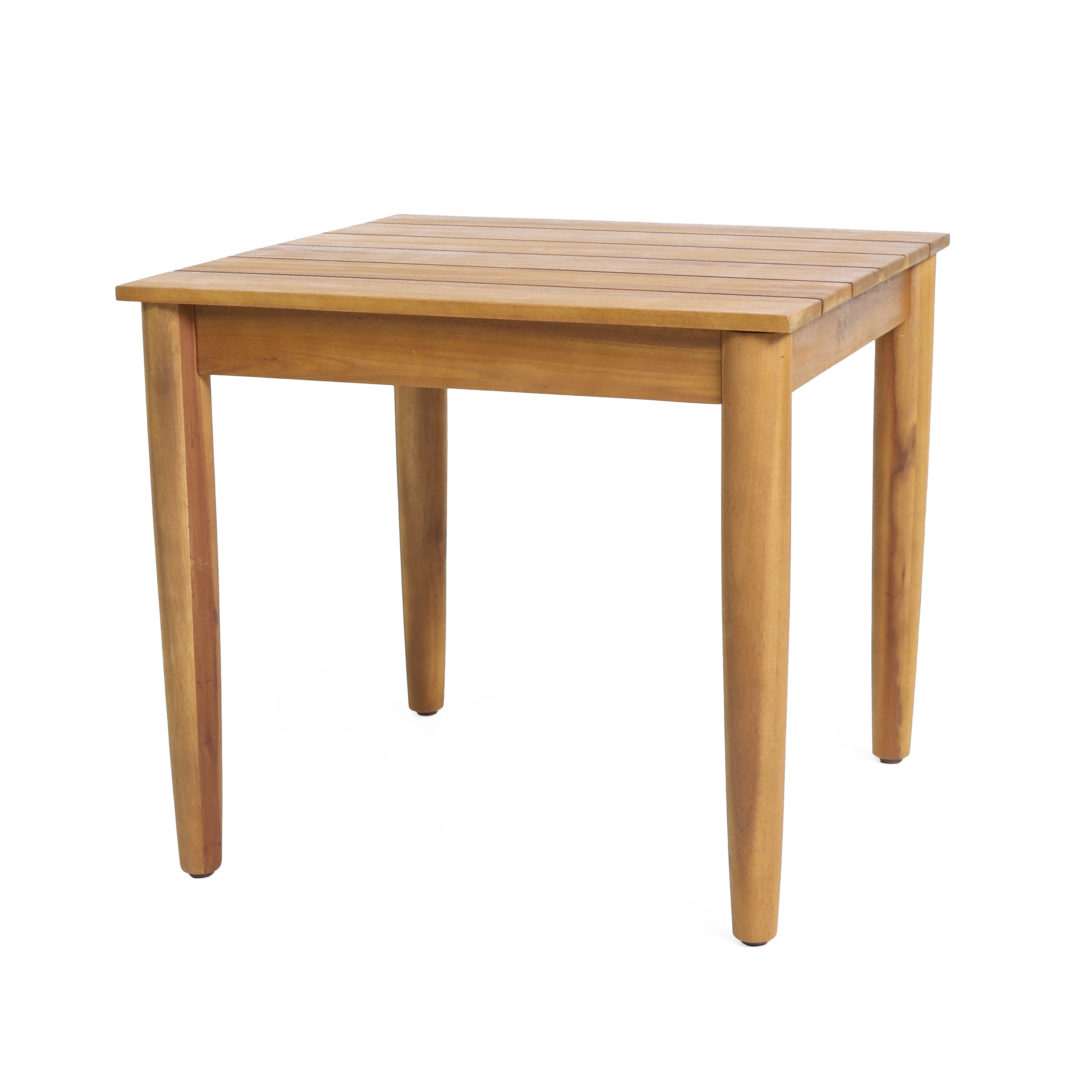 Teak side table on patio