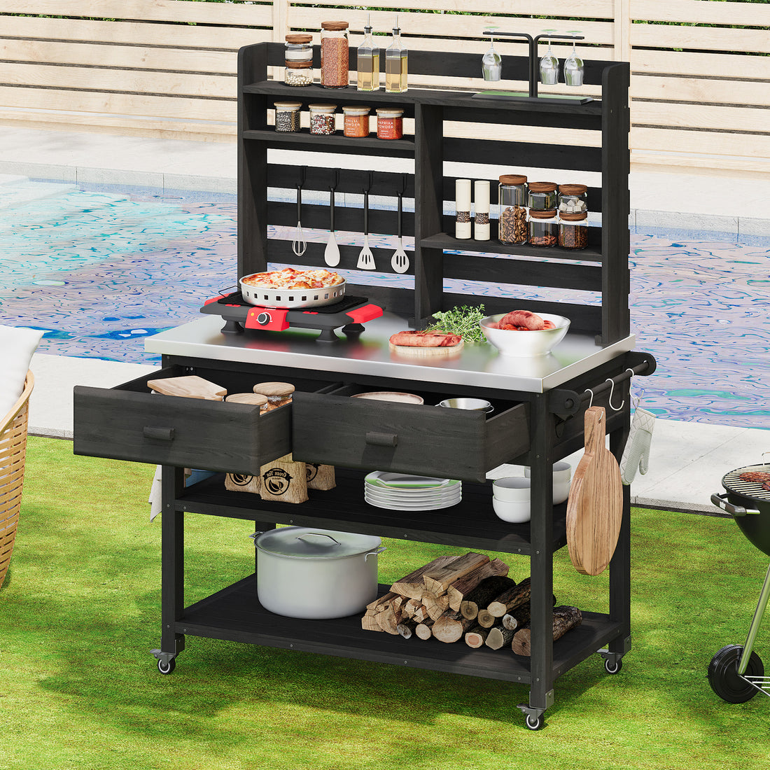 Outluma Rolling Potting Bench with Hutch - Black
