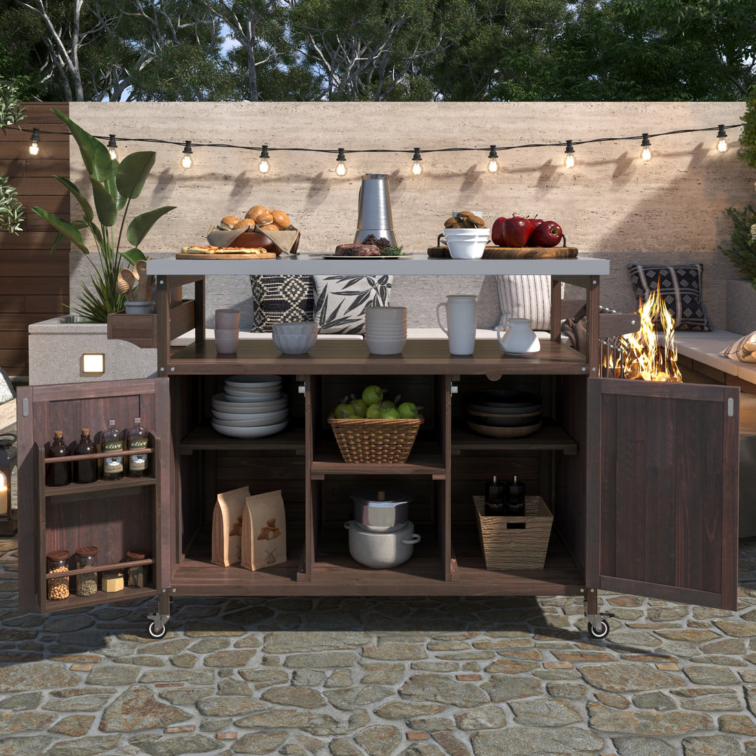 Outluma Farmhouse Rolling Outdoor Kitchen Island - Dark Brown