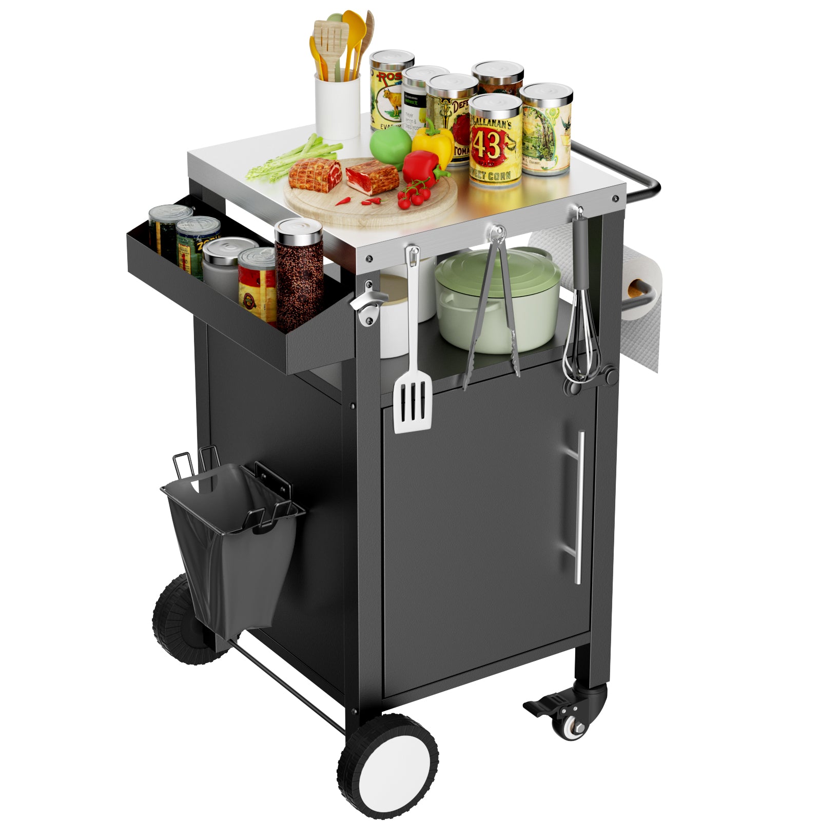 Compact rolling outdoor BBQ grill cart with stainless top