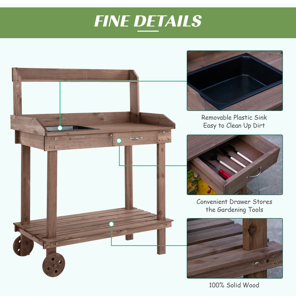 Outsunny Potting Bench with Sink and Wheels detail