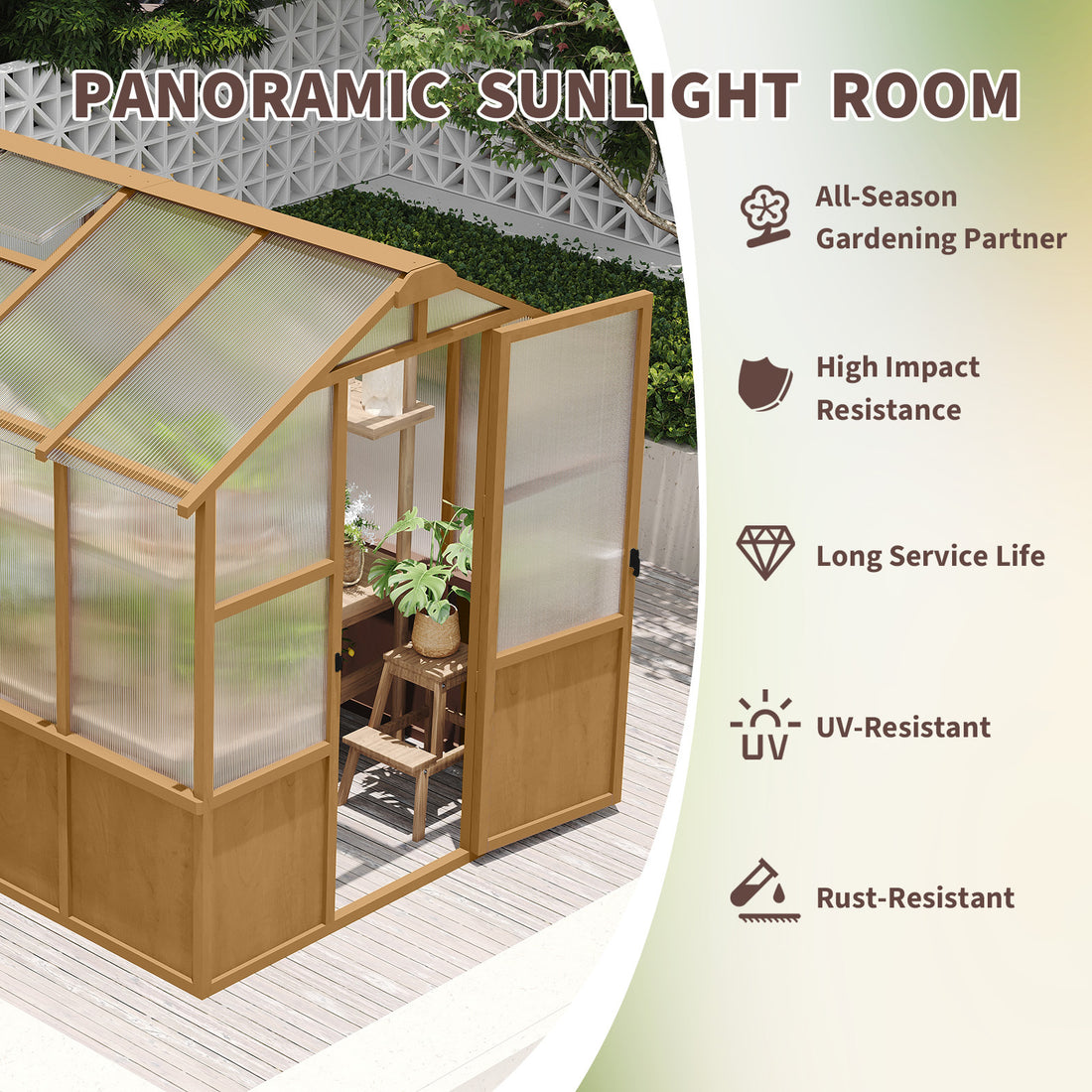 Outluma 6 x 8 Wood Greenhouse with Polycarbonate Panels