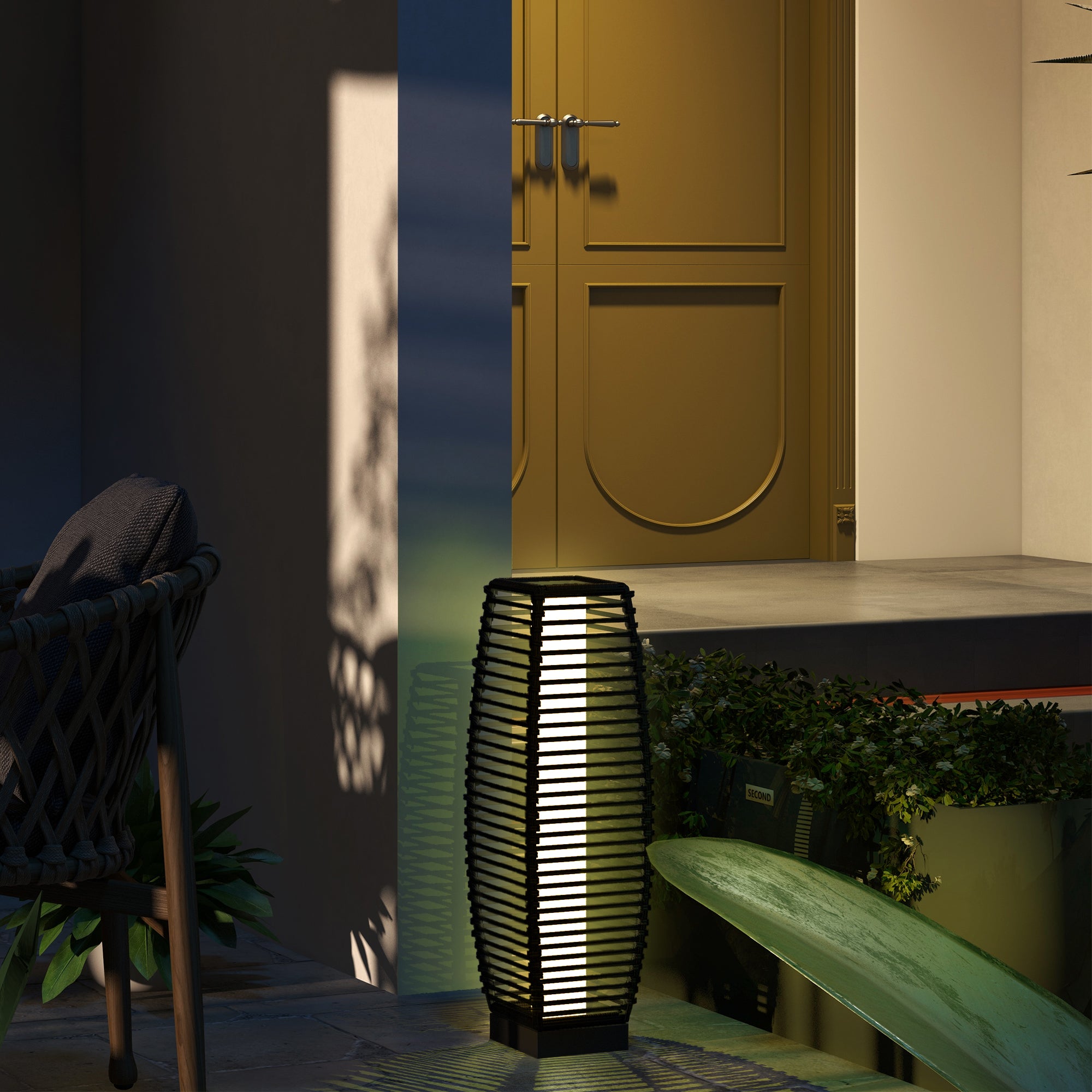 Solar Rattan Garden Floor Lantern - Black