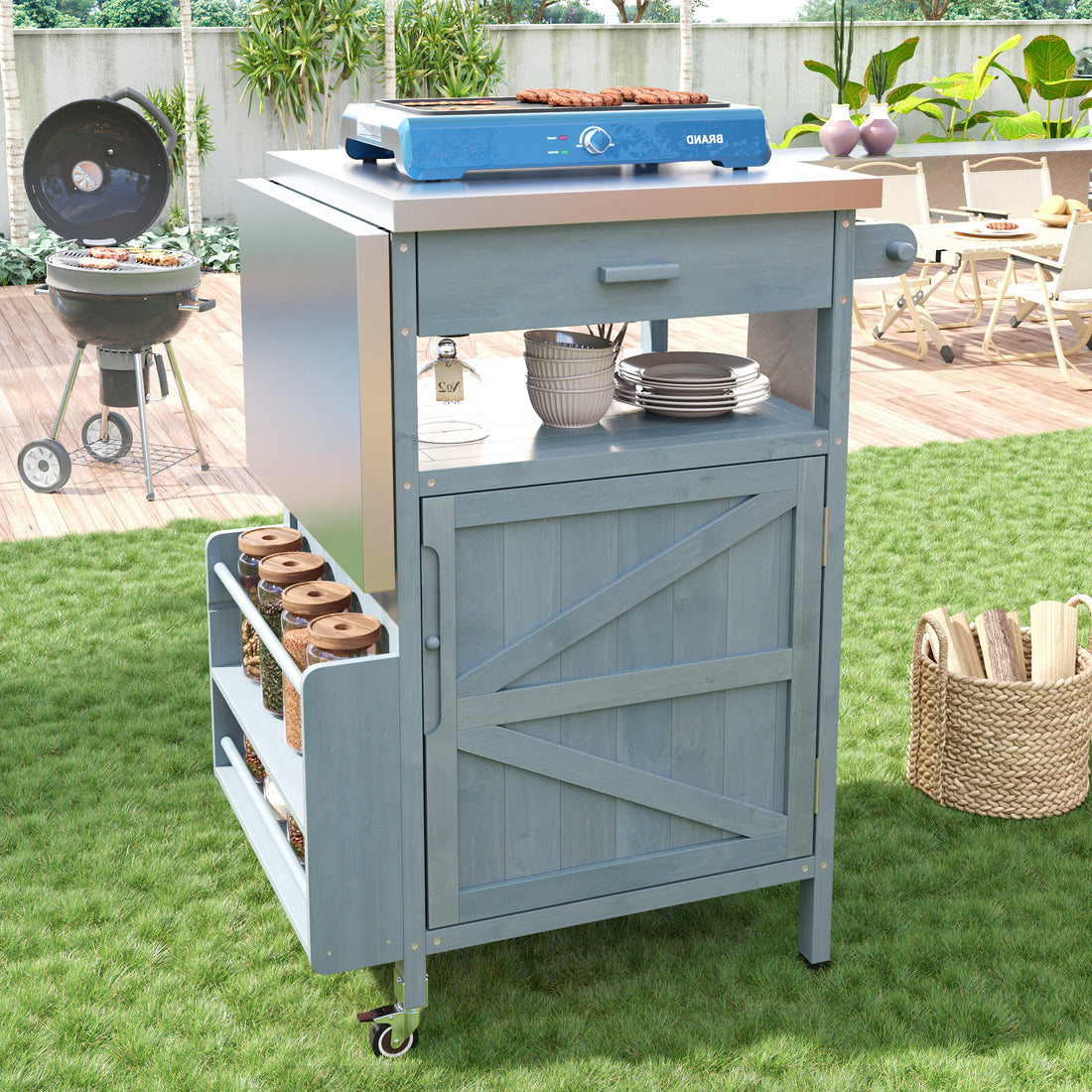 Outluma 40.5 in Wood Outdoor Grill Cart - Blue Grey