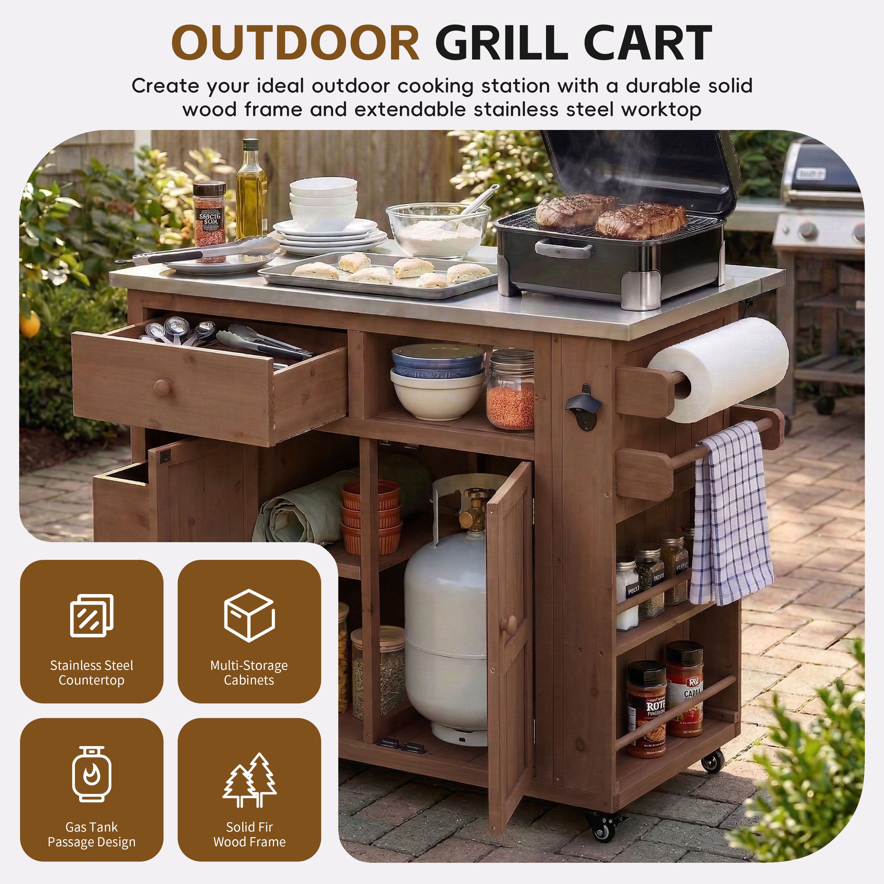 TOPMAX Extendable Outdoor Kitchen Island - Brown detail