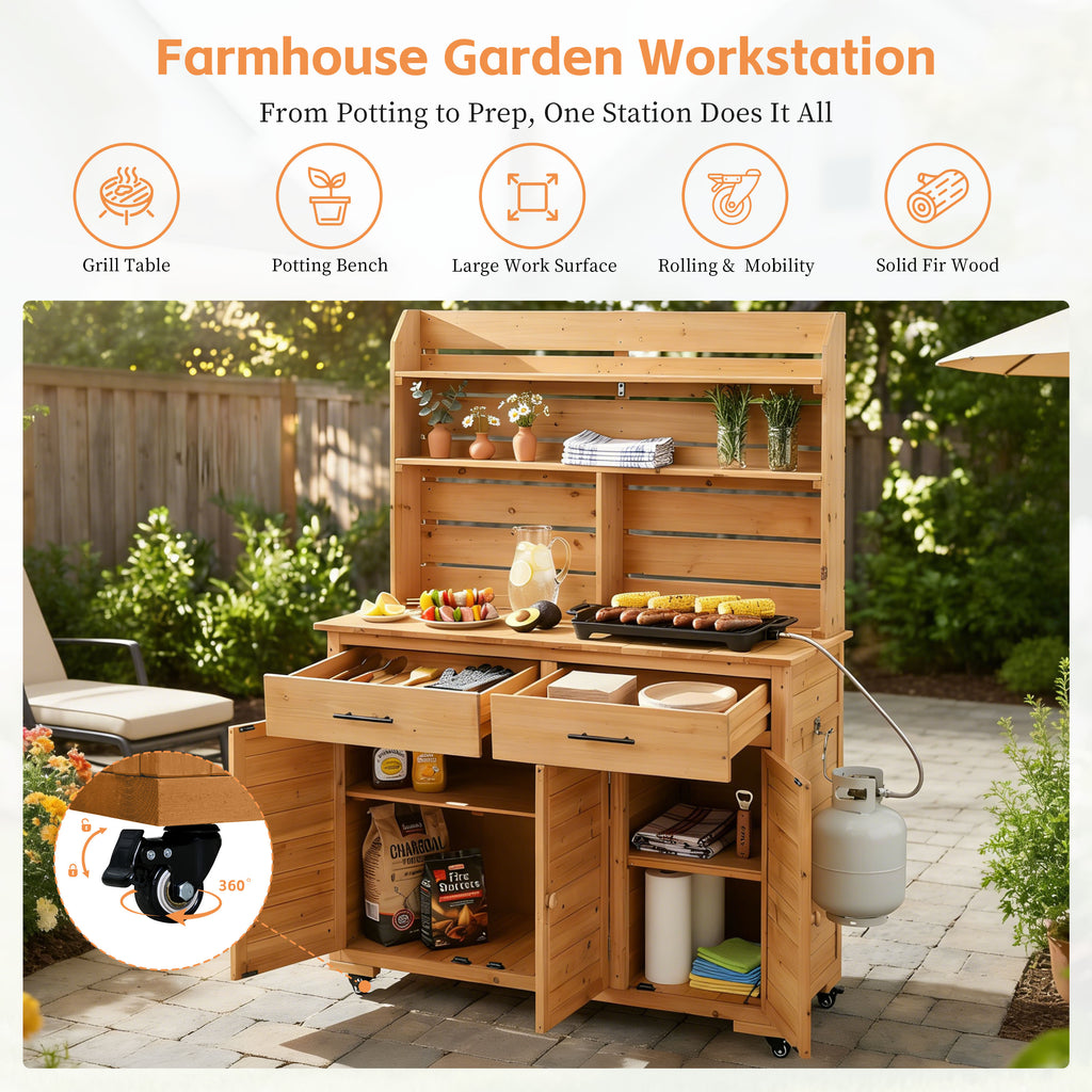 Rolling Potting Bench with Hutch and Wheels - Natural Wood detail