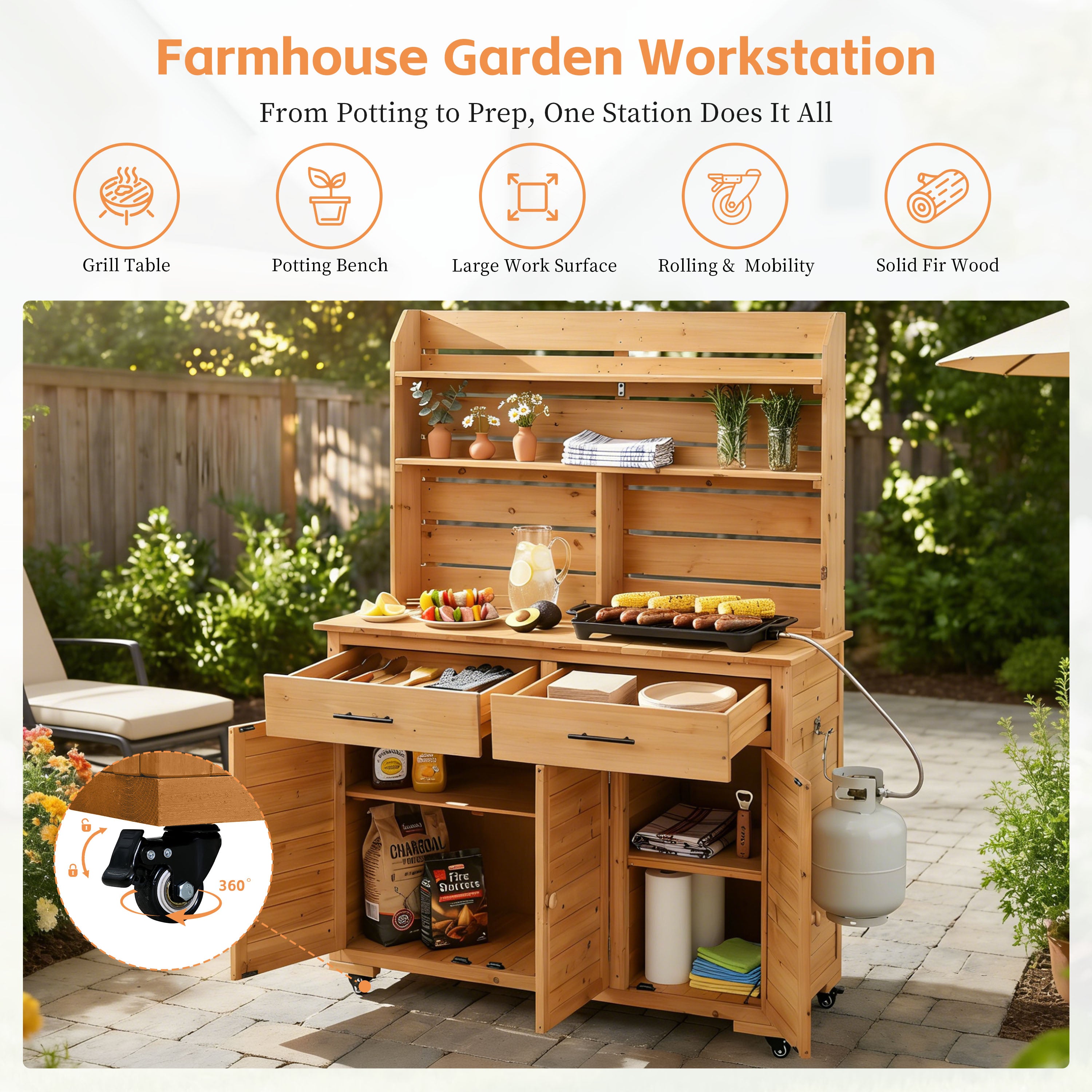 Rolling Potting Bench with Hutch and Wheels - Natural Wood detail