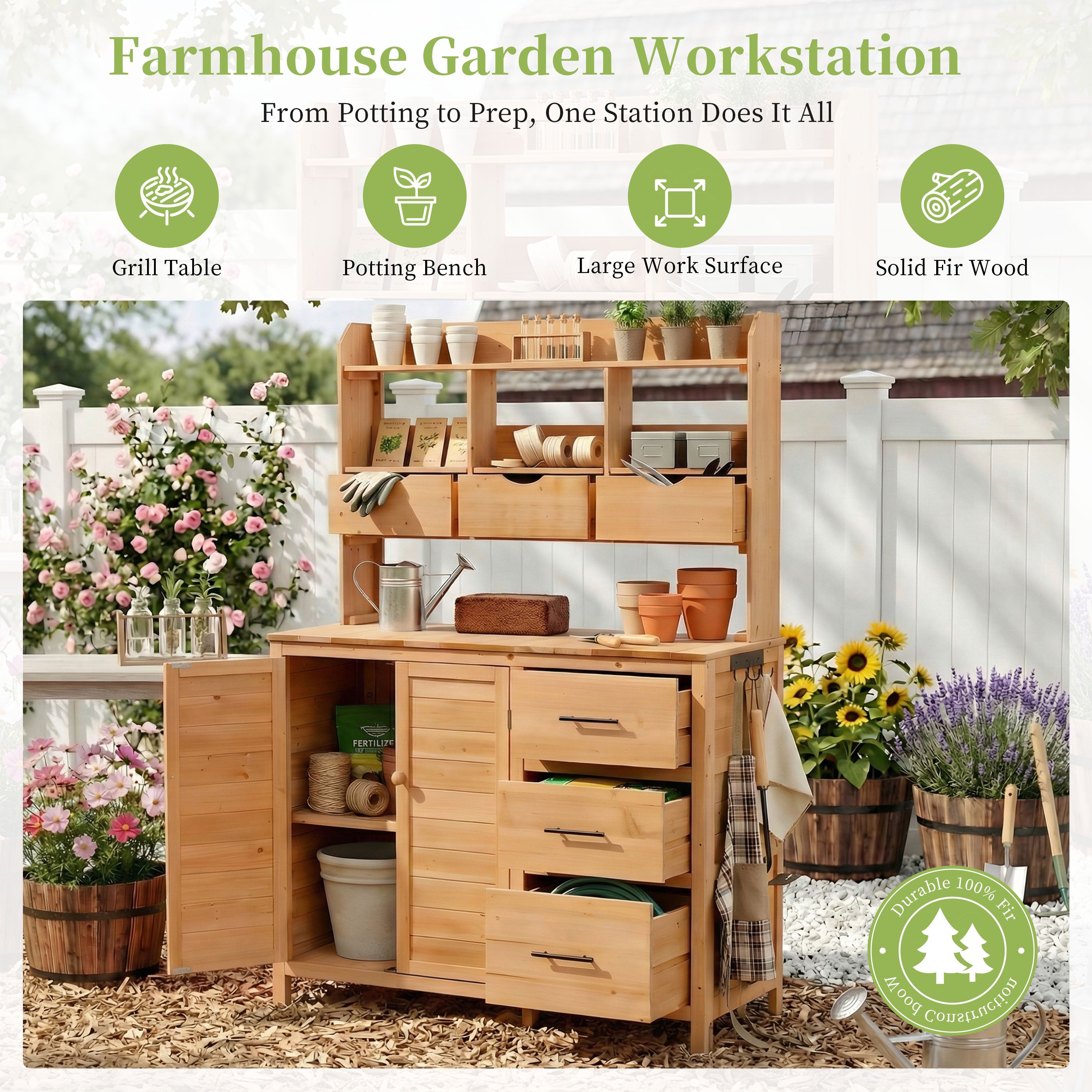 Farmhouse Potting Bench 6-Drawer - Natural Wood detail