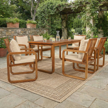 7-Piece Natural Wood Patio Dining Set - Light Brown Cushion