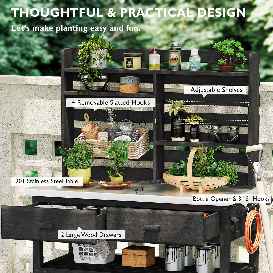 Outluma Rolling Potting Bench with Hutch - Black