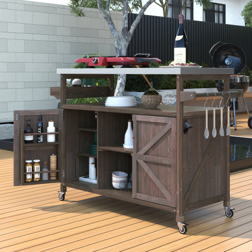 50-Inch Rolling Outdoor Kitchen Bar Cart with Stainless Steel Top - Dark Brown