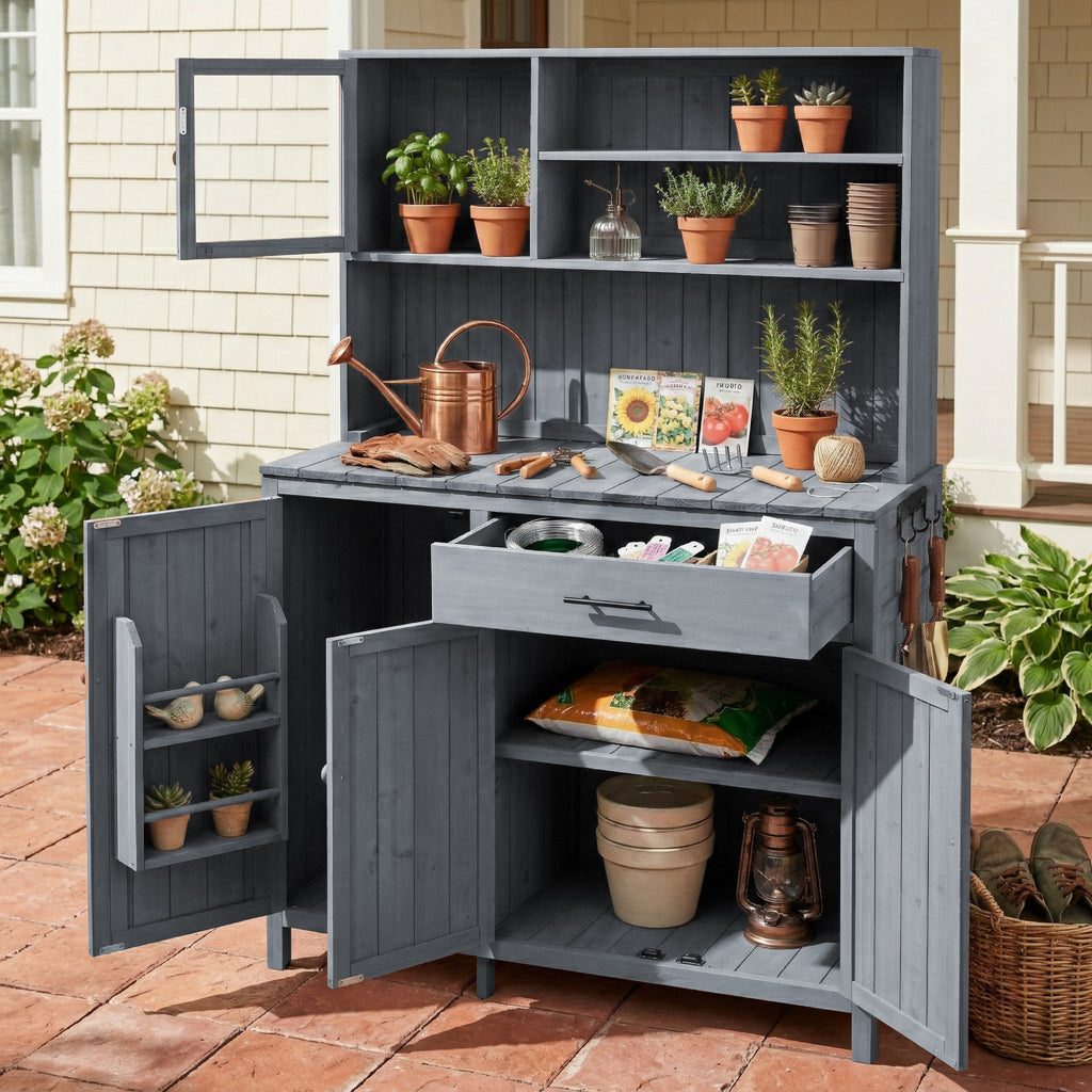 Potting Bench with Hutch Stationary - Gray