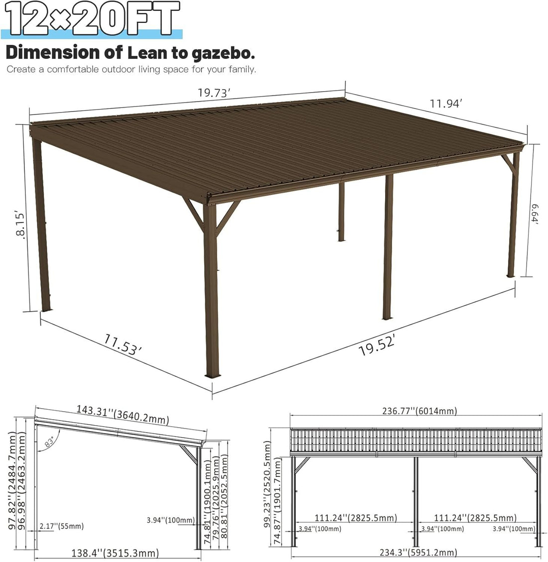 Outluma 12 x 20 Lean-To Hardtop Gazebo