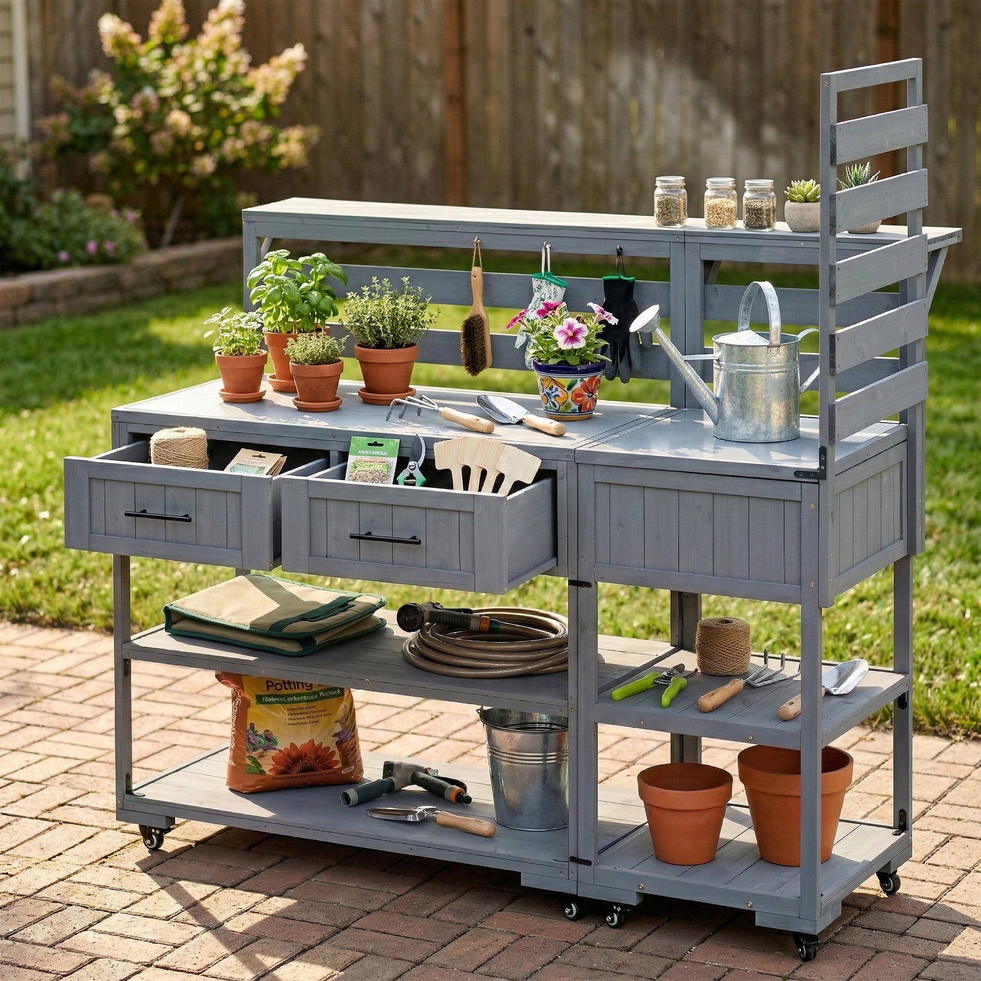 62.3 inch Outdoor Island Potting Workstation - Gray