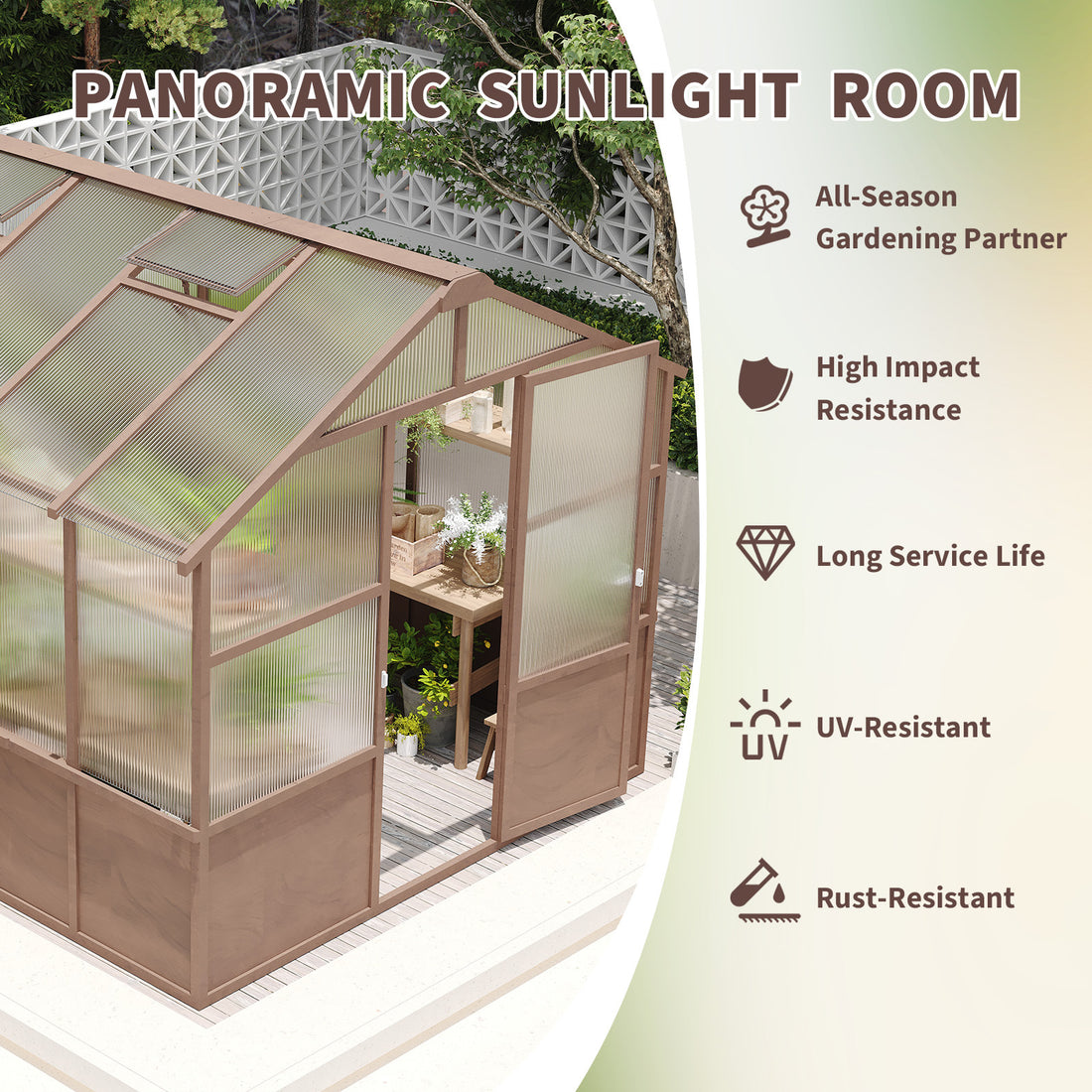 Outluma 8 x 10 Wood Greenhouse with Polycarbonate Panels