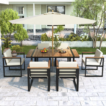 7-Piece Outdoor Dining Set with Acacia Wood Table - Beige