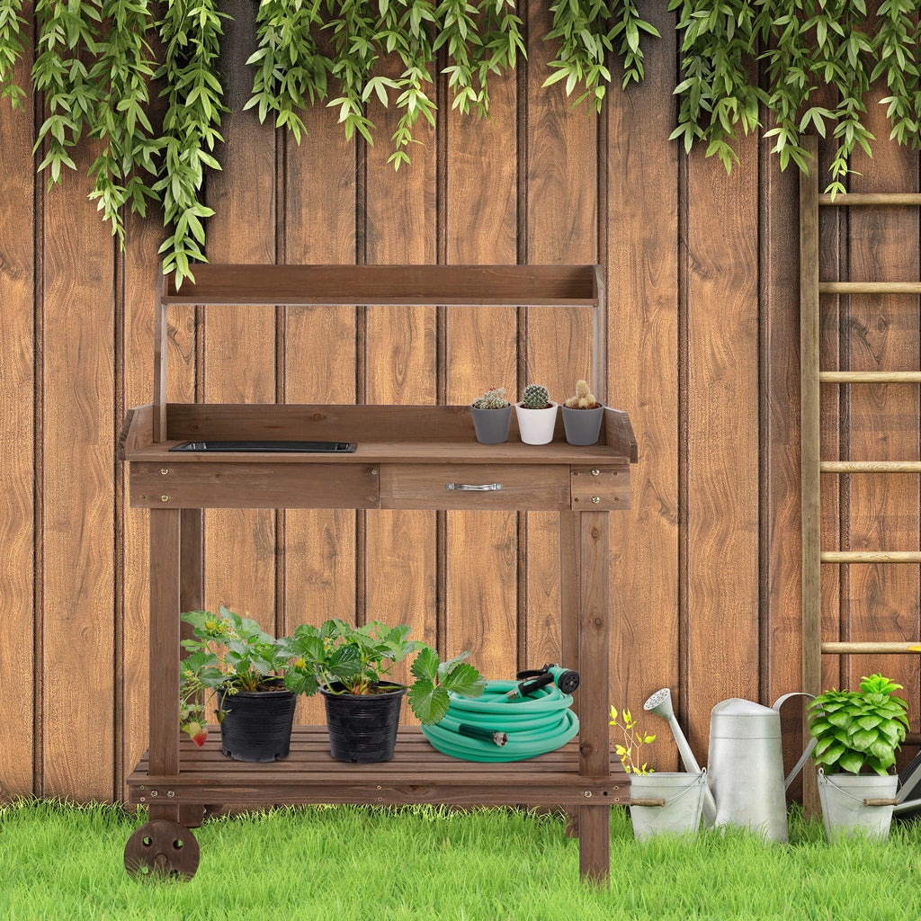 Outsunny Potting Bench with Sink and Wheels - Brown