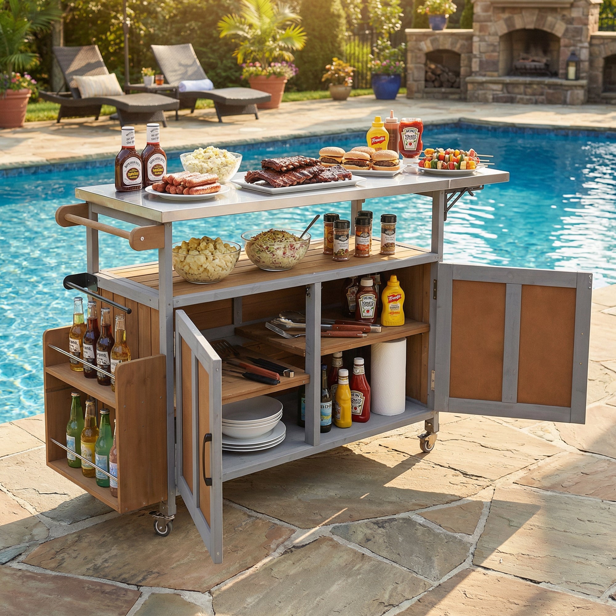 Foldable Cooking Island with Sink - Espresso Grey