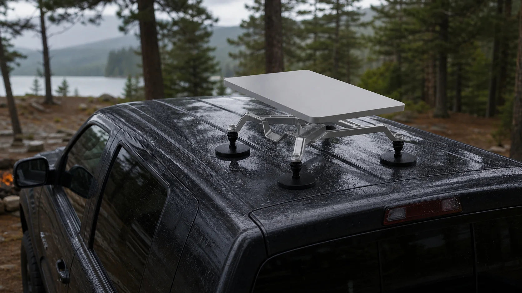Magnetic mounting frame on a parked truck at forest basecamp