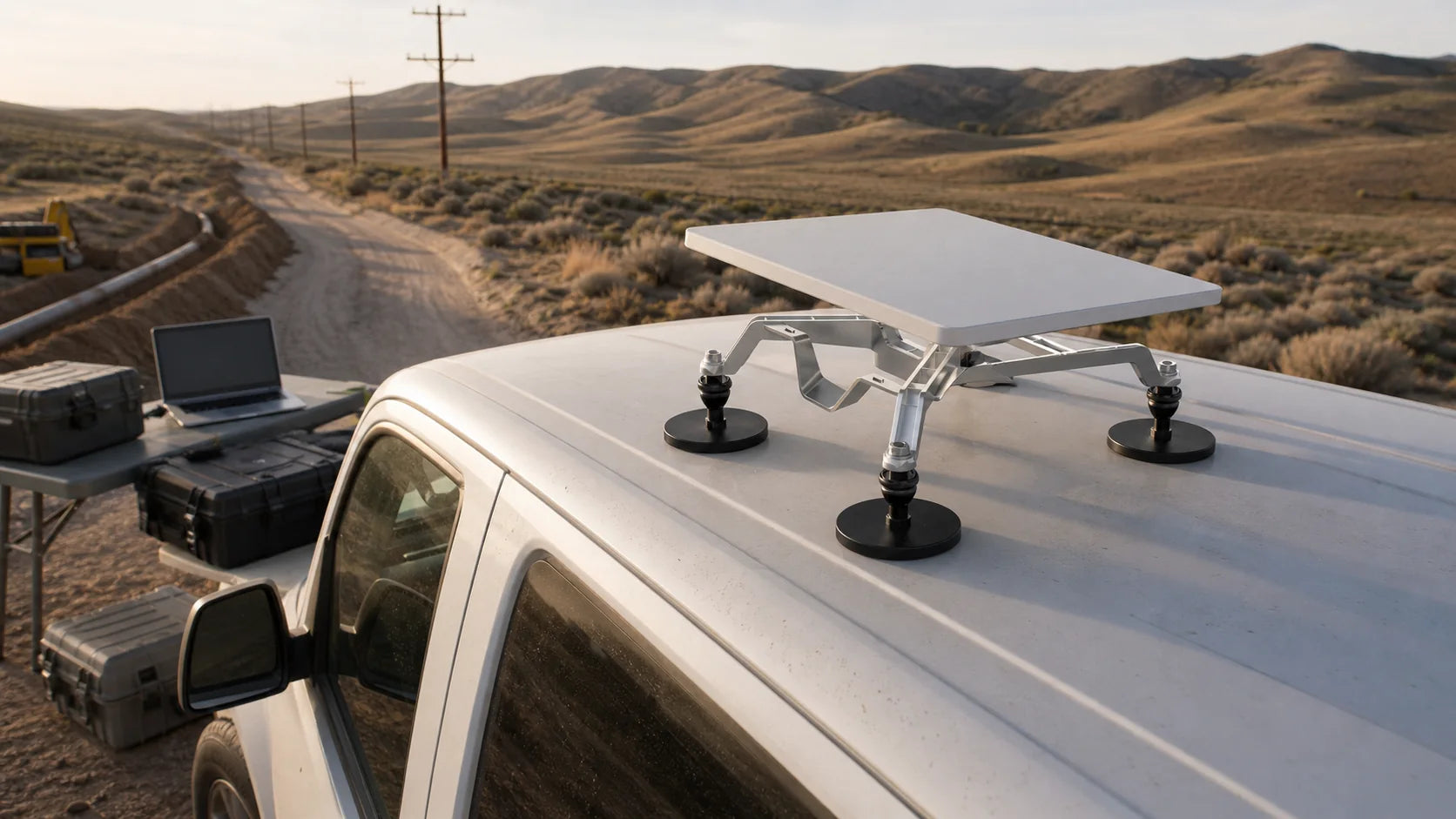 Mobile connectivity mount on a parked field work truck